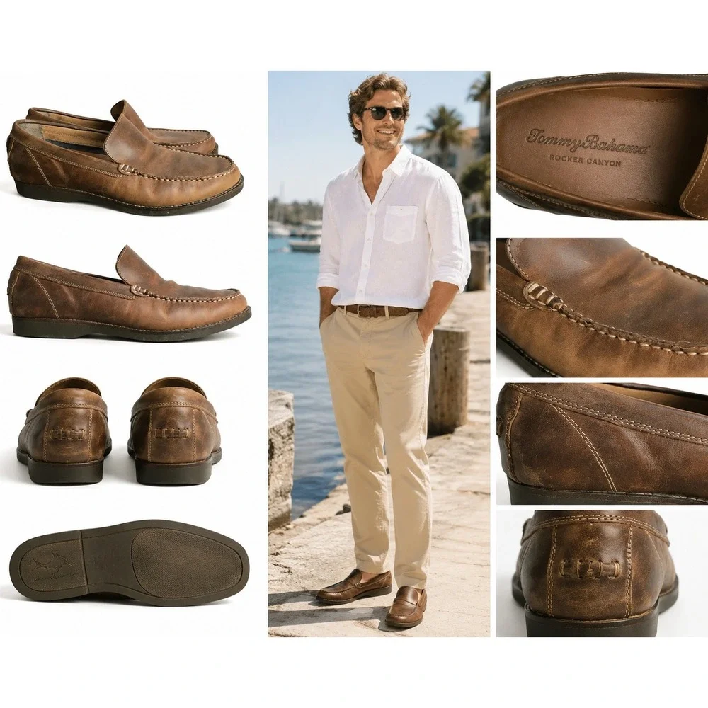 Tommy Bahama Loafer Mens 10.5 Brown Leather Island Crafted Jeans Moc Toe Slip On
